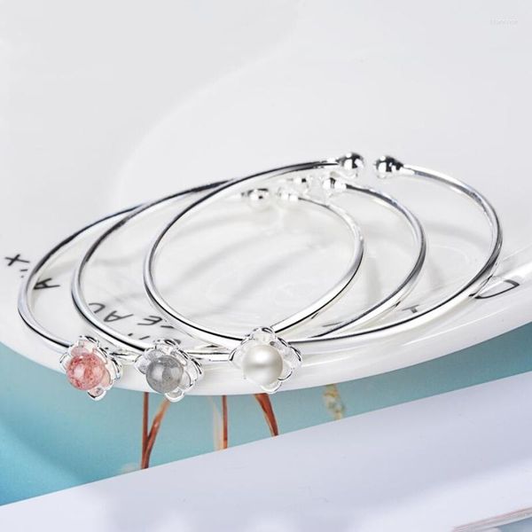 Braccialetti di collegamento Lotus Sweet Pink Strawberry Crystal Flower Moonlight Stone Perla Colore argento Donna Trendy Ridimensionabile SBR086