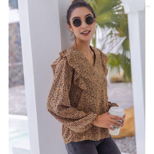 Blusas femininas femininas blusas casuais babados decote em V leopardo confortável túnica folgada manga comprida camisas top poliéster plus