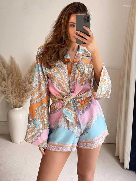 Agasalhos femininos shorts rosa conjunto estampa floral selvagem blusa feminina manga longa decote em V chic boho 2023 verão