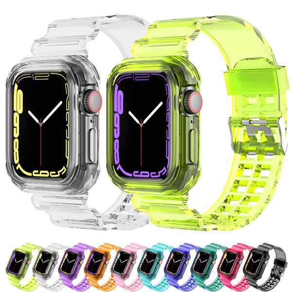 Spor Temizle Bant + Kılıf Apple Watch 8 7 6 SE 5 4 3 iwatch için Şeffaf silikon Kayış 40mm 44mm 42 MM 38 MM 41 MM 45 MM