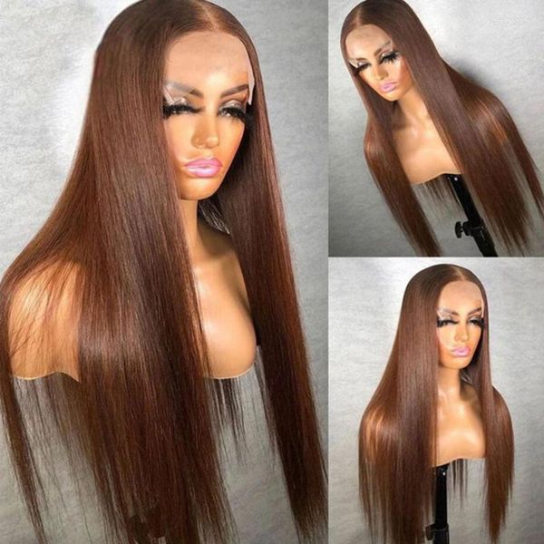 Perucas de cabelo humano de cor marrom escuro elegantes 4# para mulheres 13X5 frente de renda reta 30 polegadas destaque Remy brasileiro