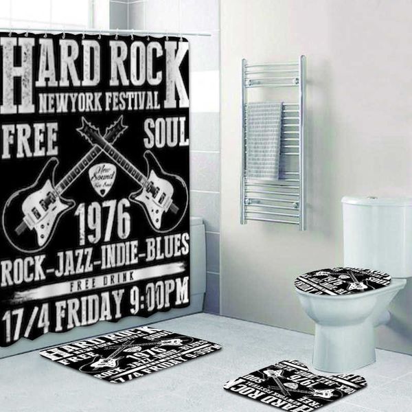 Duschvorhänge Hipster Vintage Hard Rock Poster Duschvorhang-Set Grunge Heavy Metal Musik Badezimmervorhang Badematten Teppiche BadewannenzubehörHKD230626