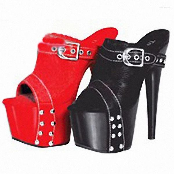 Chinelos 17 cm sapatos de salto alto plataforma grossa gótico rebite raso tamanho grande 7 polegadas branco festa fivela alça cross dresser