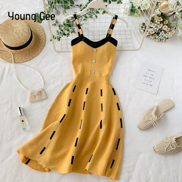 Vestidos jovens gee malha contraste cor sexy v pescoço cinta de espaguete verão mini vestido feminino casual festa amarelo preto camisola vestidos