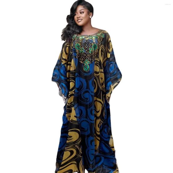 Abbigliamento etnico 2023 Luxury Plus Size Abito lungo con paillettes africane blu per le donne Abiti da sera da sera eleganti da donna Caftano musulmano