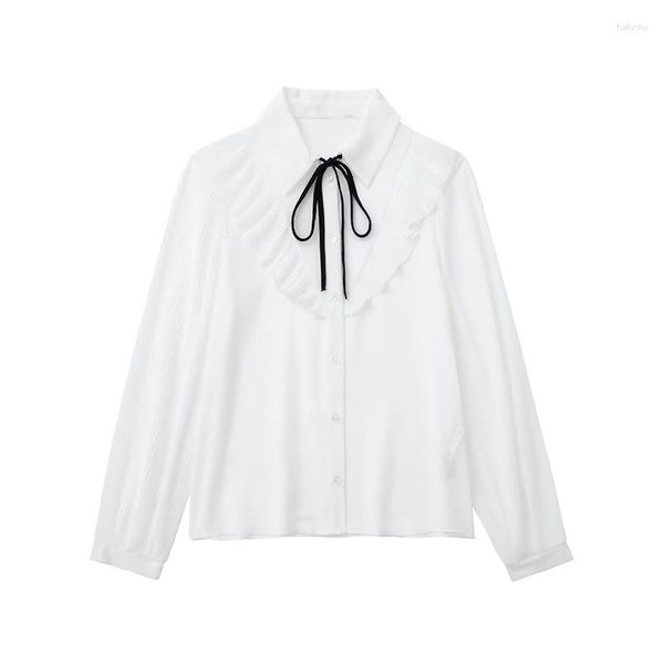 Женские блузки yenkye 2023 Женская модная оболочка контрастная лук белая рубашка блуз с длинным рукавом сексуальные полупробранные женские шифоновые рубашки блюзы