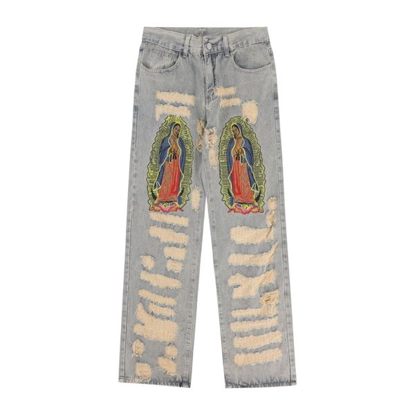 Herren Jeans Stickerei Distroyed Ausgefranste Hosen für Männer Frauen Distressed Ripped Holes Goth Grunge Kleidung Streetwear Hose 230625