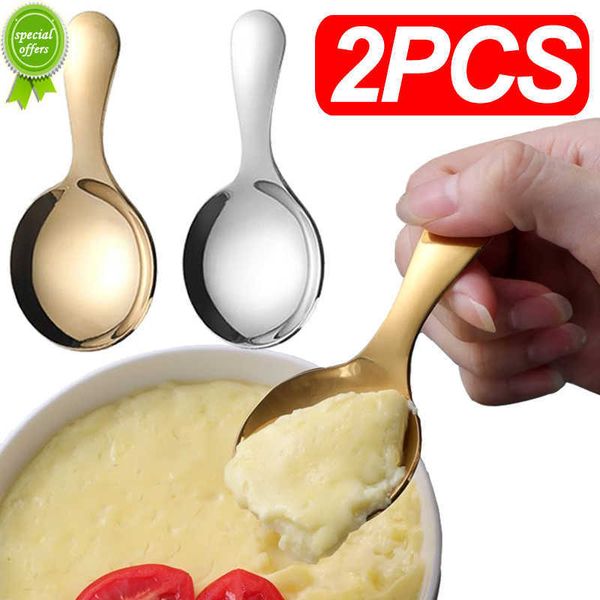 Novo 2pcs colher de aço inoxidável cabo curto mini colher de chá redonda sorvete sobremesa pote colher de café acessórios de mesa de cozinha