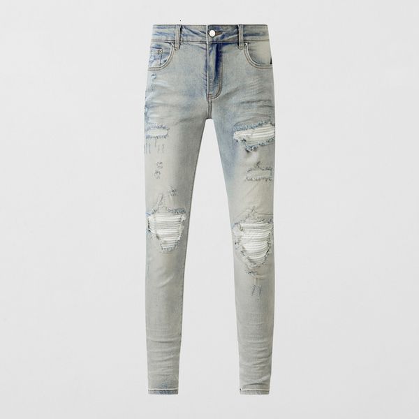 Jeans da uomo Street Fashion Uomo Retro Grigio Blu Elastico Elasticizzato Skinny Strappato Homme Pantaloni di marca Hip Hop con toppe in pelle bianca 230625