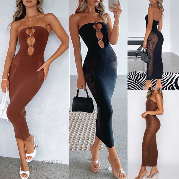 Yaz Yeni Stil Boncuklu Cut Out Sütyen Seksi Mesh Splice Perspektif Wrap Kalça Uzun Elbise modası rahat kadın elbise modelleri Kadınlar için