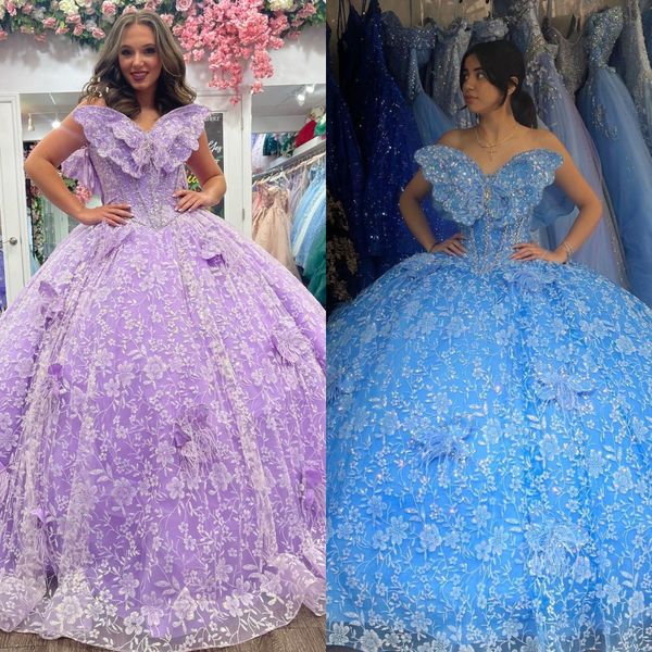 Glitzerndes Schmetterlings-Quinceanera-Kleid 2024-Muster mit Pailletten, Charro, mexikanische Quitte, süßes 15/16-Geburtstags-Partykleid für 15. Mädchen, Vestido de 15 Anos, Korsett, Orchideenblau