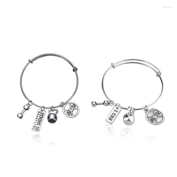 Braccialetti con ciondoli Bracciale regolabile fitness Manubrio Bilanciere Bollitore Campana Gioielli unisex Sollevamento pesi Palestra Scultura Charms Braccialetti in lega