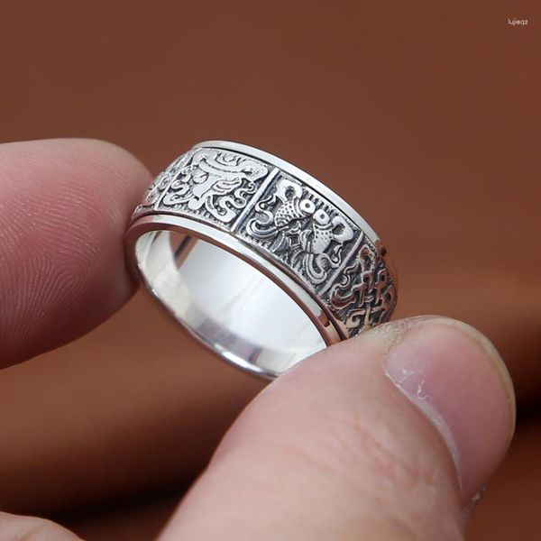 Cluster Ringe S925 Echt Silber Ring Für Männer Und Frauen Buddhistische Acht Schätze Auspicious Thai Persönlichkeit Kann Drehen