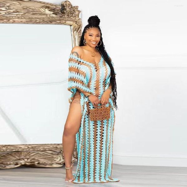 Casual Kleider Sommer Gestreiftes Gestricktes Hoch Schlitz Langes Kleid Für Frauen 2023 Sexy V-ausschnitt Ärmellos Aushöhlen Loch Strand tragen Maxi Robe