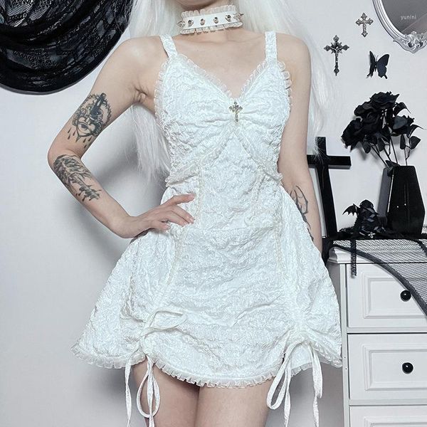 Повседневные платья Элегантное белое мини-платье на тонких бретелях для женщин Модная клубная одежда без рукавов на шнуровке Сексуальная короткая летняя одежда