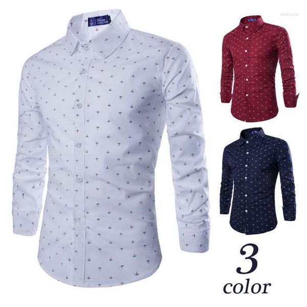 Camisas casuais masculinas outono estampado âncora camisa de manga comprida gola virada para baixo vestido de marca de peito único para homens branco marinho