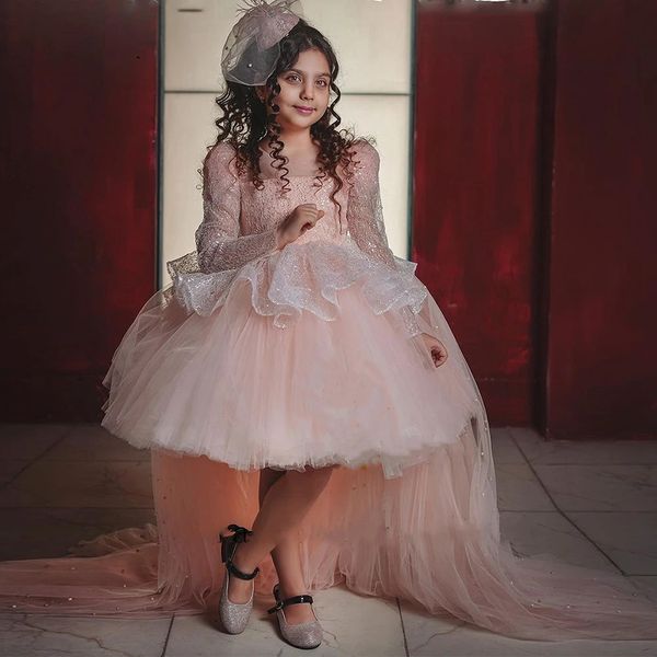 Розовое детское театрализованное платье со съемным шлейфом, с длинным рукавом, с высоким низким вырезом, детское праздничное платье, бальное платье с оборками, платье с цветоч...