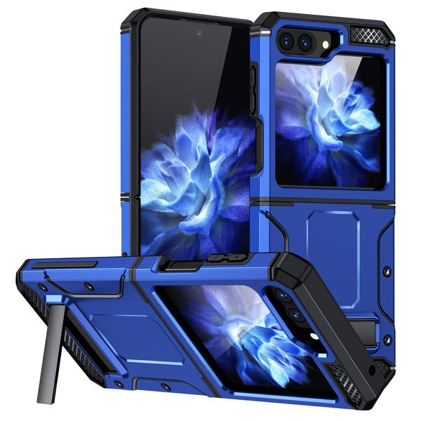 Neueste schützende Kickstand-Handyhüllen für Samsung Galaxy Z Flip5, Metallständer, robuste Defender-Anti-Schock-Abdeckung ohne Displayschutz, Blau