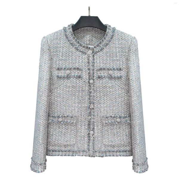 Jaquetas femininas femininas cinza tweed lã feito à mão sob medida elegante blazer 2023 primavera outono casacos em estilo coco senhoras outwear luxo