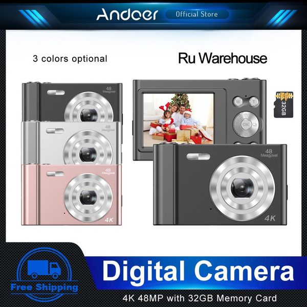 Conectores Câmera digital Andoer 4k 48mp Filmadora de vídeo Foco automático Zoom 16x Antivibração Detecção de rosto Captura de sorriso Bateria flash integrada