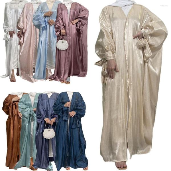Roupa étnica Eid Open Abaya Dubai Mulheres Brilhante Hijab Mangas Compridas Vestido Muçulmano Cetim Peru Islam Abayas Vestido De Noite