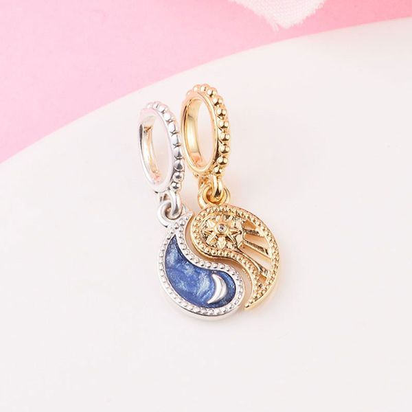 Conta de prata esterlina 925 divisível em dois tons Sun Moon Yinyang pendente para joias estilo Pandora europeias pulseiras de charme