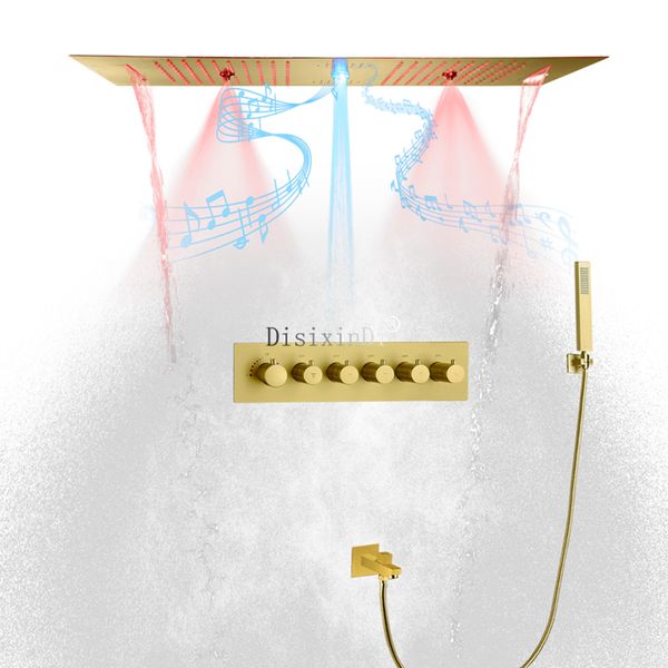 Set doccia a pioggia in oro spazzolato Soffione Smart Music Sistema doccia SPA Rubinetti doccia con miscelatore in ottone montato a soffitto