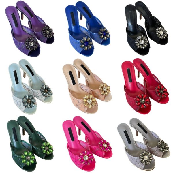 Terlik Kadın Dantel Yüksek Topuklu Klasik Elmas Tasarımcı Ayakkabı Kristal Çiçek Açık Ayak Ayakkabı Stiletto Topuk Slaytları Yaz Moda Elbise Ayakkabı Mektup Baskı