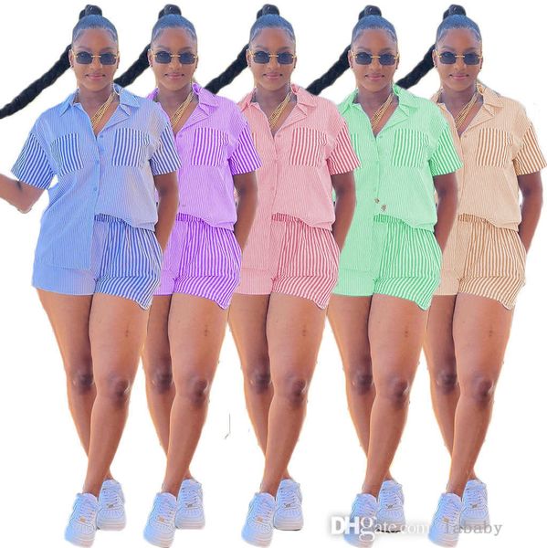 Mode Trainingsanzug Gestreiften Frauen Zwei Stück Set Outfits Kurzarm Tasche Hemd Und Shorts Set 2023 INS Sommer Streetwear 2PCS Anzug