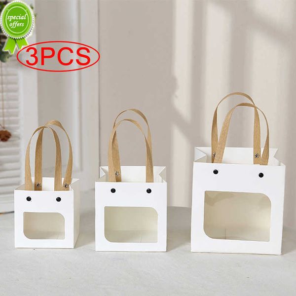 Novos sacos de papel kraft com alça para biscoitos doces saco de presente janela transparente sacos de embalagem saco de presente de casamento favor de festa decoração de ano novo