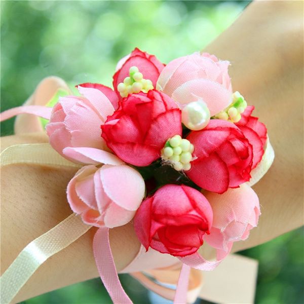 Matrimonio damigella d'onore polso fiore mano fiore all'occhiello fai da te seta artificiale bouquet di rose accessori oggetti di scena