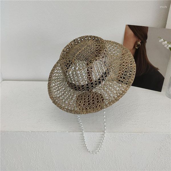 Berretti 202304-SHI INS Summer Drop Natural Salt Grass Openwork tessitura catena di perle Lady Fedora Cap Donna Panama Jazz Hat