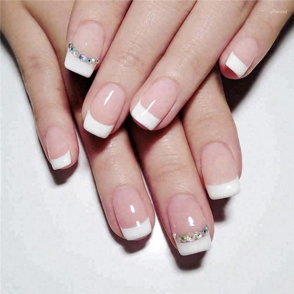 Unhas Postiças 24 pçs/conjunto Curto Quadrado Francês Glitter Falso Cobertura Completa Press On Nail Dicas Destacáveis Manicure Arte Diy