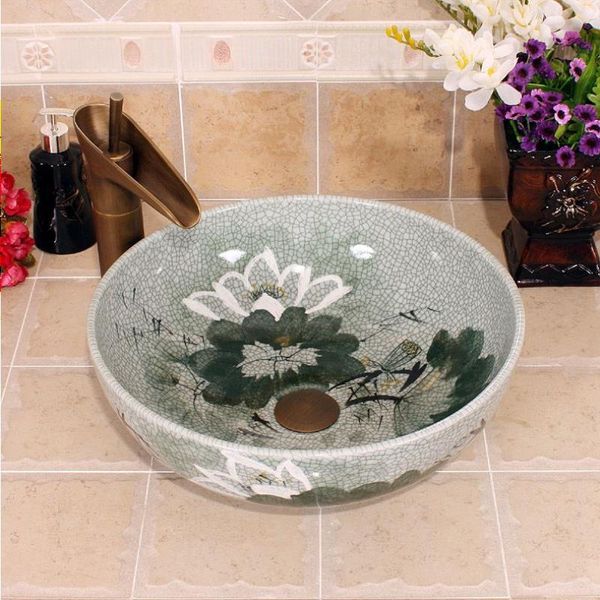 Crack Design China Painting Lotus Ceramic Painting Art Porcelain Bathroom Vessel Lavelli Tondo sopra il lavabo da appoggio Mbftf