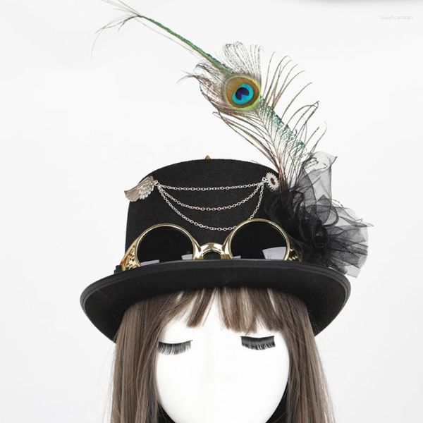 Беретс -стимпанк мужской шляпа с Goggles Vintage Jazz Gay Top Feather Halloween Masquerade Costume Party