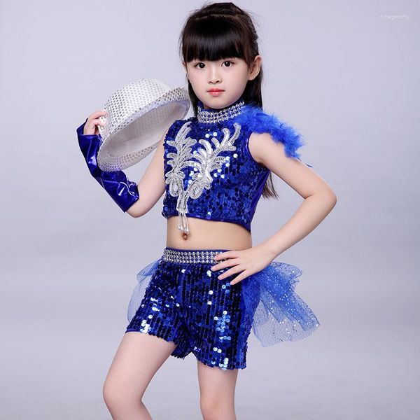 Abbigliamento da palcoscenico Ragazza Jazz Paillettes Costumi da ballo per bambini Abiti da esibizione hip-hop Moda Costume blu per bambini