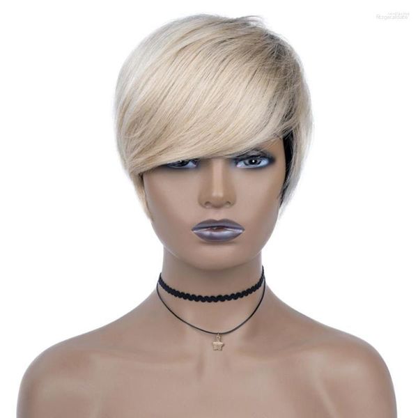 Ombre biondo miele ondulato corto Bob Pixie Cut Full Machine Made No parrucche di capelli umani in pizzo con frangia per donne nere brasiliane