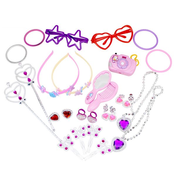 Novità Giochi 72Pcs Ragazza Compleanno Decorazione Giocattolo Set per Festa Rosa 12 Tipo Cuore Misto Anello Testa Farfalla Forcina Capelli Fascia Giocattoli Fotocamera Set 230625