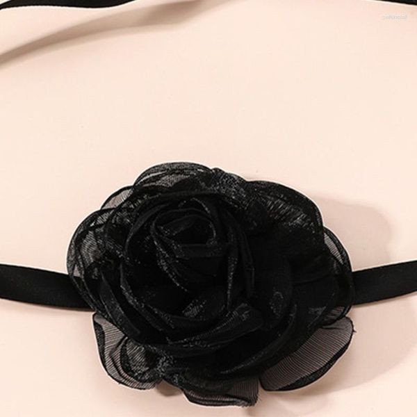 Girocollo Y4QE Nero Romantico - Collana con colletto a fiori di rose Nastro di filato a maglie a catena