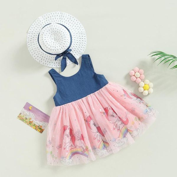 Mädchenkleider, Sommerkleid für Babys, lässig, Cartoon-Tierdruck, ärmellos, Netzstoff und Sonnenhut für Strandpartys, 2–7 Jahre