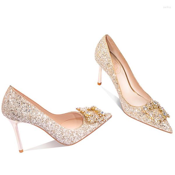 Туфли под платье цвета: золотистый, серебряный, знаменитости, свадебные туфли на каблуке со стразами, женские блестящие туфли-лодочки на высоком каблуке, модные туфли-лодочки на металлической шпильке