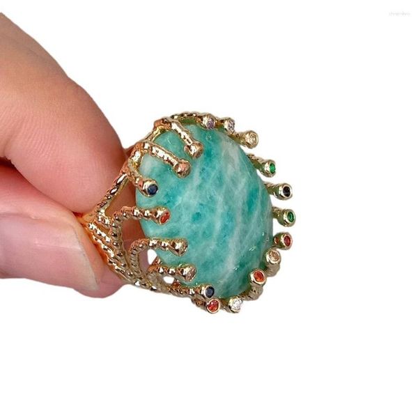 Cluster Rings YYGEM 21x28mm Big Stone Ring Natural Green Amazonite Fashion Placcato in oro