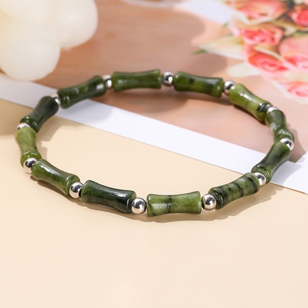 joias da moda Bohemia Olive jade Bamboo Tube Beads pulseira de pedra Boho Stretch Gemstones Pulseiras elásticas para mulheres por atacado
