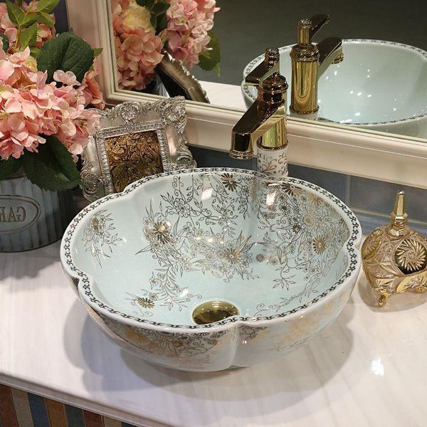 Pia de bancada de flor chinesa, pias de vaso de banheiro de cerâmica feitas à mão, vaidades, lavatório de arte decorativa Wquww
