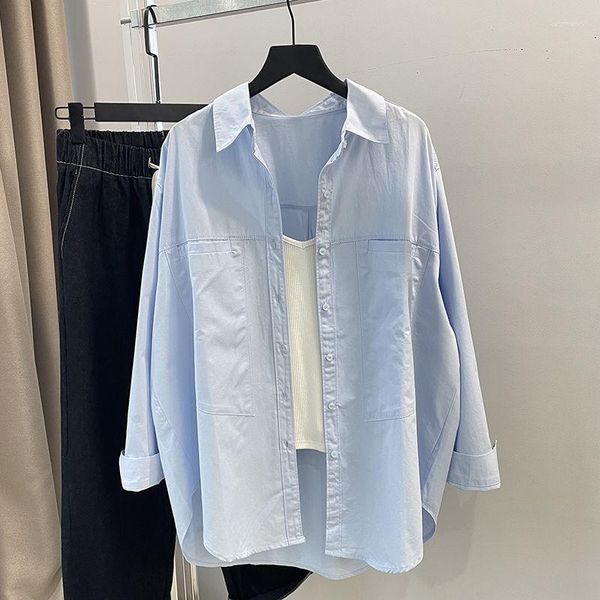 Damenblusen 2023 Damen Sommer Herbst Baumwollhemden Vordertaschen Einfarbig Langarm Lose Oberteile Button Up Bluse Weiß Gelb Blau