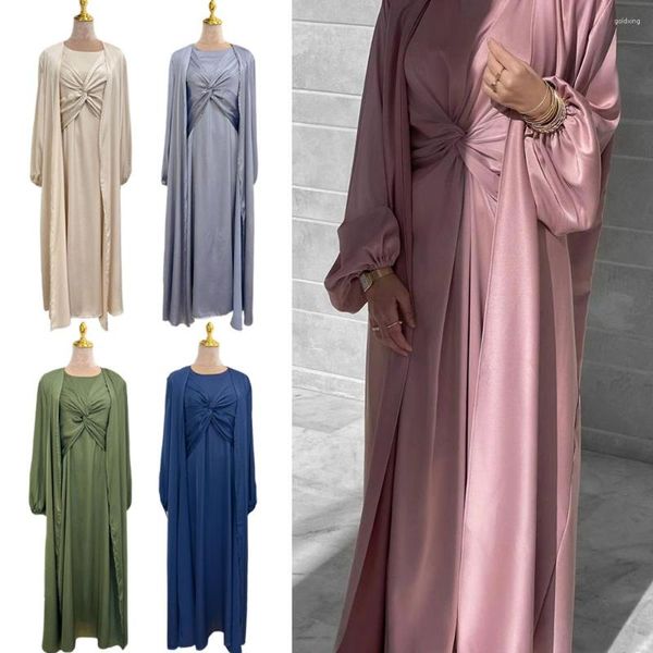 Abbigliamento etnico Kaftan Abaya Kimono Raso Turchia Islam Arabo 2 pezzi Set musulmano Robe Longue Femme Dubai Abaya per le donne Abito Hijab