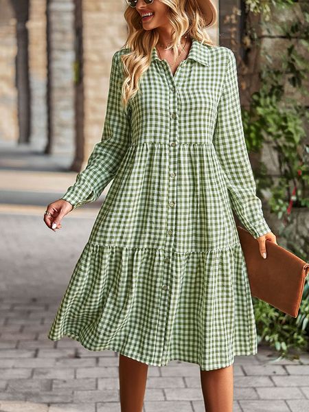 Grundlegende Casual Kleider Kariertes Hemd Kleid Für Frauen Drehen Unten Langarm Maxi Weibliche Vintage Einreiher Patchwork Frühling Herbst 230625