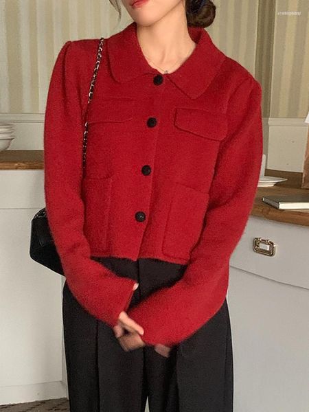 Kadın Örgüleri Kadın Korobov Fransız Vintage Kazak Nazik Yaka Düz Triko Hırka Kalın Kabarık Kollu Cep Tasarımı Moda