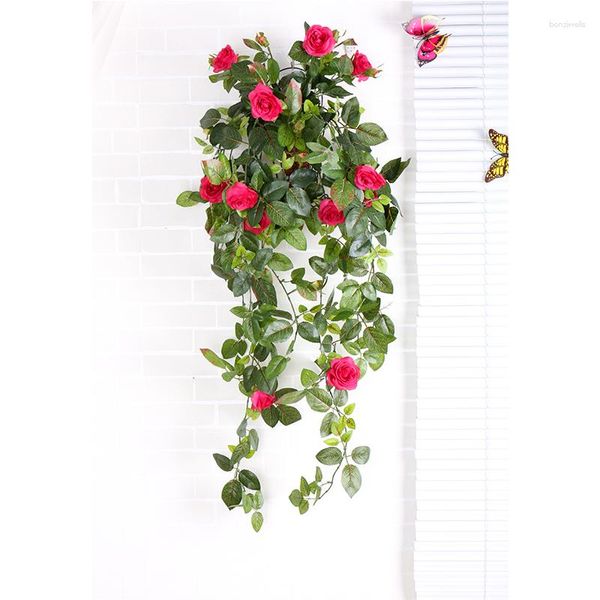 Fiori decorativi Cesto appeso a parete Fiore Rose di seta Corda Vite finta Edera Rattan artificiale Decorazioni per la casa Ghirlanda di rose