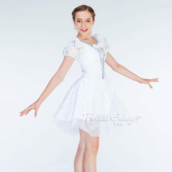 Abbigliamento da palcoscenico H2700 Abito da ballo per bambini Vestito da danza classica con maniche a sbuffo Tutu da principessa bianco Abiti da spettacolo per esibizioni professionali per ragazze